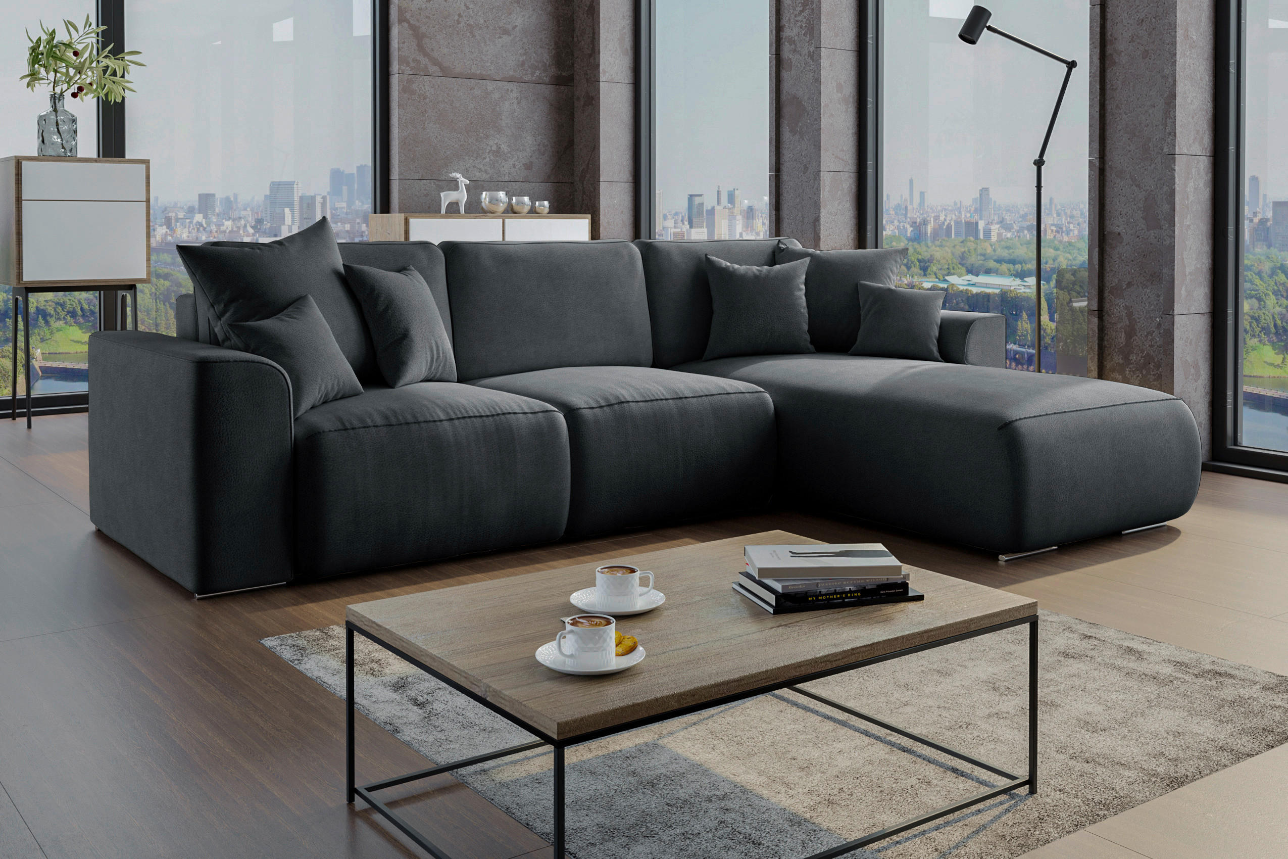 ECKSOFA Anthrazit Lederlook  - Chromfarben/Anthrazit, KONVENTIONELL, Kunststoff/Textil (293/195cm) - Carryhome