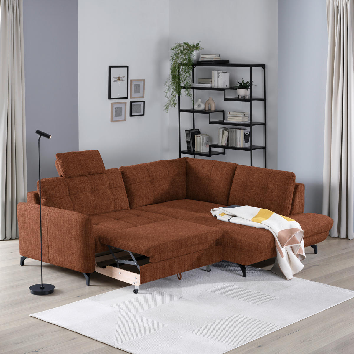 ECKSOFA in Flachgewebe, Leinenoptik Cognac  - Cognac/Schwarz, Modern, Textil/Metall (247/208cm) - Xora