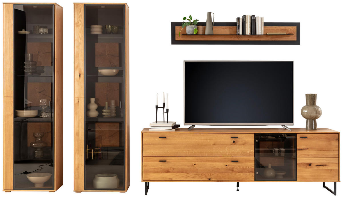WOHNWAND  in Wildeiche 359/206/50 cm  - Wildeiche/Schwarz, Design, Glas/Holz (359/206/50cm) - MID.YOU