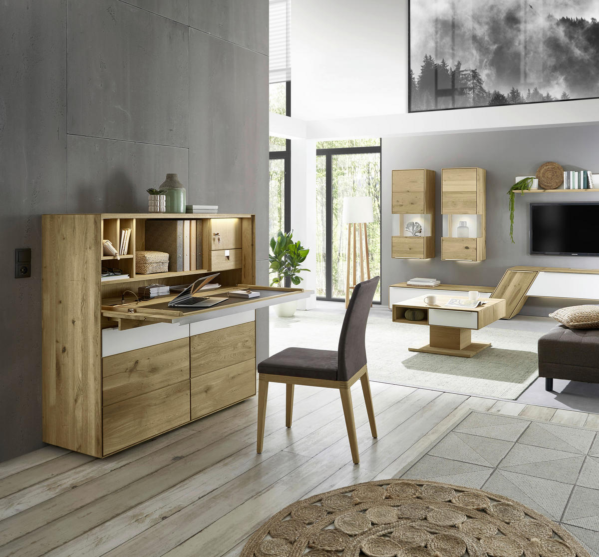 SEKRETÄR Weiß, Eichefarben  122/124/47 cm  - Edelstahlfarben/Eichefarben, Natur, Leder/Glas (122/124/47cm) - Valnatura