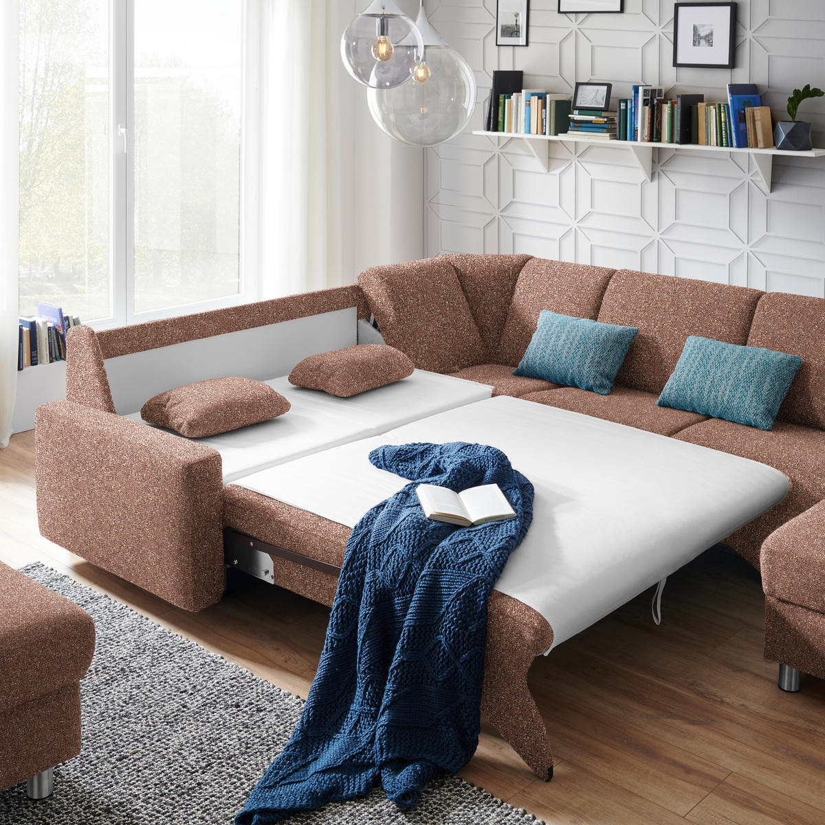 WOHNLANDSCHAFT  in Mikrovelours Terracotta  - Terracotta/Alufarben, KONVENTIONELL, Kunststoff/Textil (236/322/158cm) - Sedda