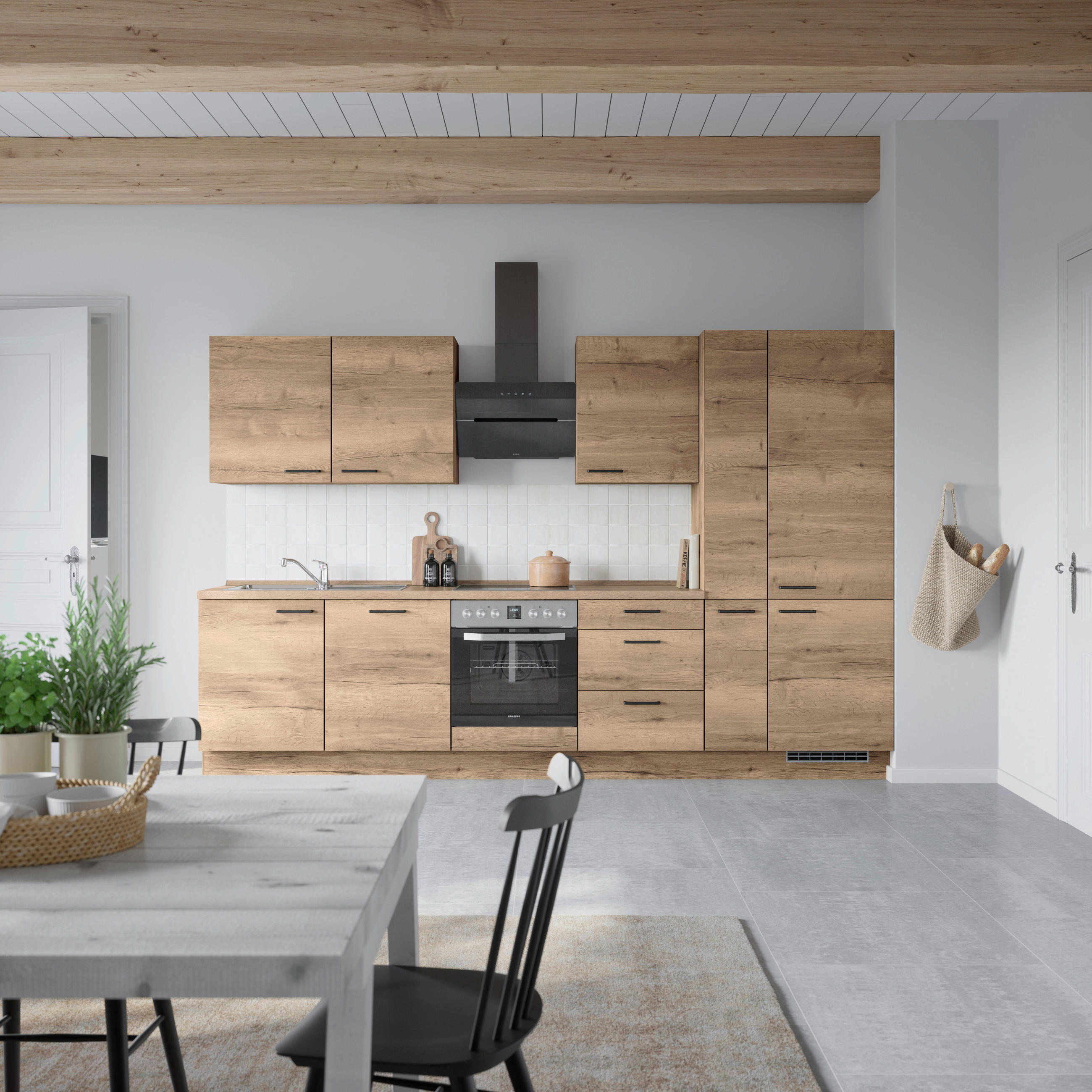 BUCĂTĂRIE FĂRĂ ELECTROCASNICE  - stejar închis la culoare/negru, Modern, metal/material pe bază de lemn (330cm) - Nobilia