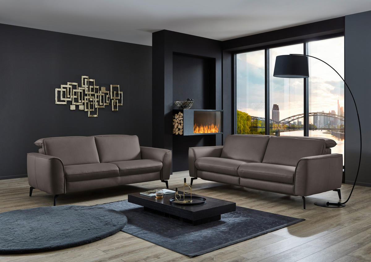 3-SITZER-SOFA in Echtleder Dunkelgrau  - Dunkelgrau/Schwarz, Natur, Leder/Metall (222/81/110cm) - Valdera