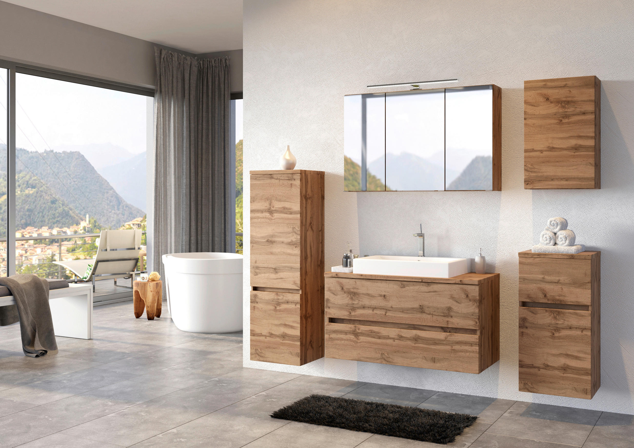 Thumbnail - Held Midischrank Held Möbel Pienza, Eiche Wotan, Holzwerkstoff, 3 Fächer, 40x133x35 cm, Made in Germany, hängend, stehen...