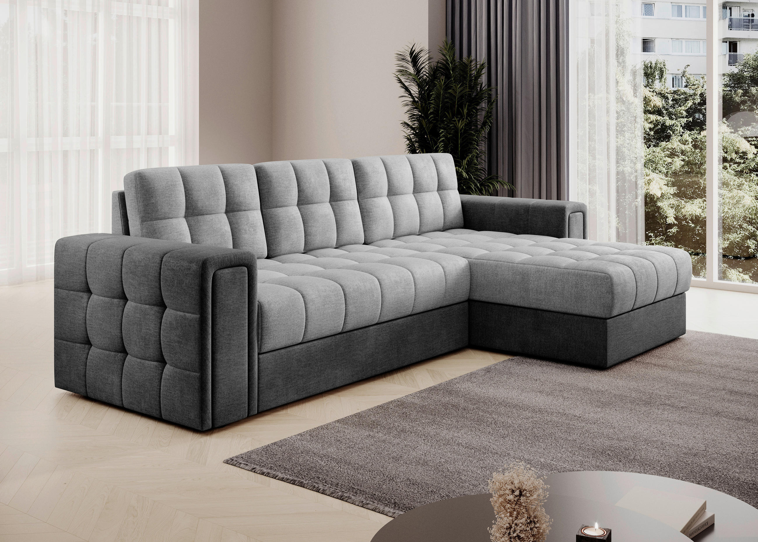 ECKSOFA Samt Hellgrau, Dunkelgrau  - Dunkelgrau/Hellgrau, Design, Kunststoff/Textil (260/150cm) - MID.YOU