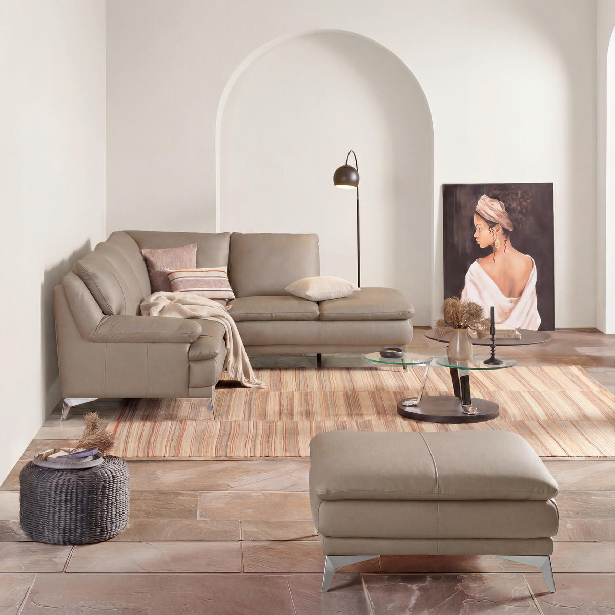 ECKSOFA  in Echtleder Beige  242/224 cm  - Chromfarben/Beige, Design, Leder/Metall (242/224cm) - Novel