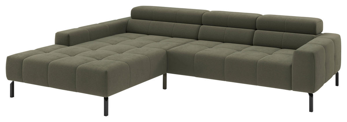 ECKSOFA Olivgrün Feincord Rücken echt, Kopfteilverstellung, Sitztiefenverstellung  - Schwarz/Olivgrün, KONVENTIONELL, Textil/Metall (226/293cm) - Hom`in
