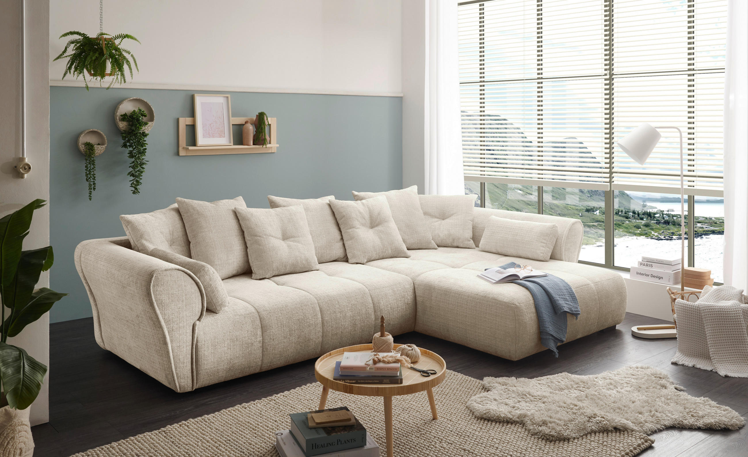 HÖRNSOFFA i chenille beige  - beige/svart, Klassisk, textil/plast (330/197cm) - MID.YOU