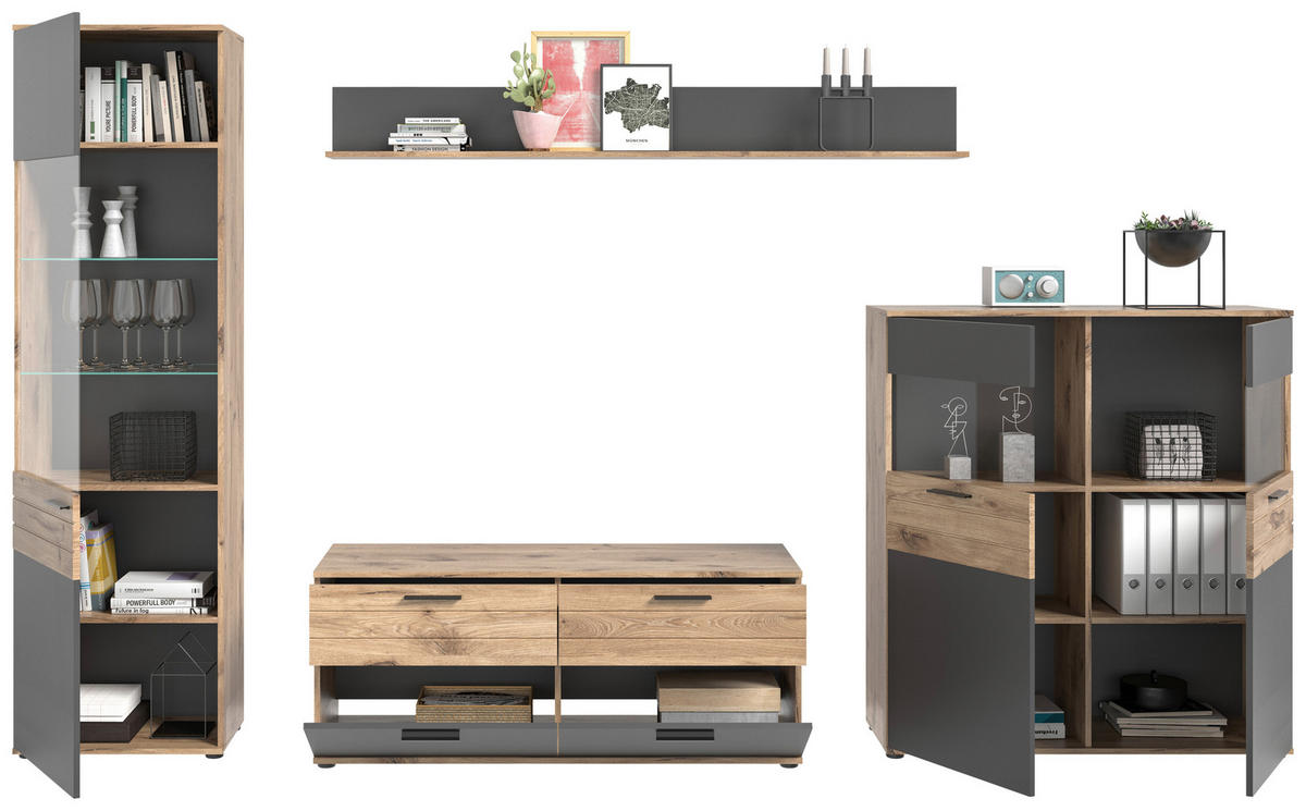 WOHNWAND  in Grau  327/200/44 cm  - Schwarz/Grau, KONVENTIONELL, Glas/Holzwerkstoff (327/200/44cm) - MID.YOU