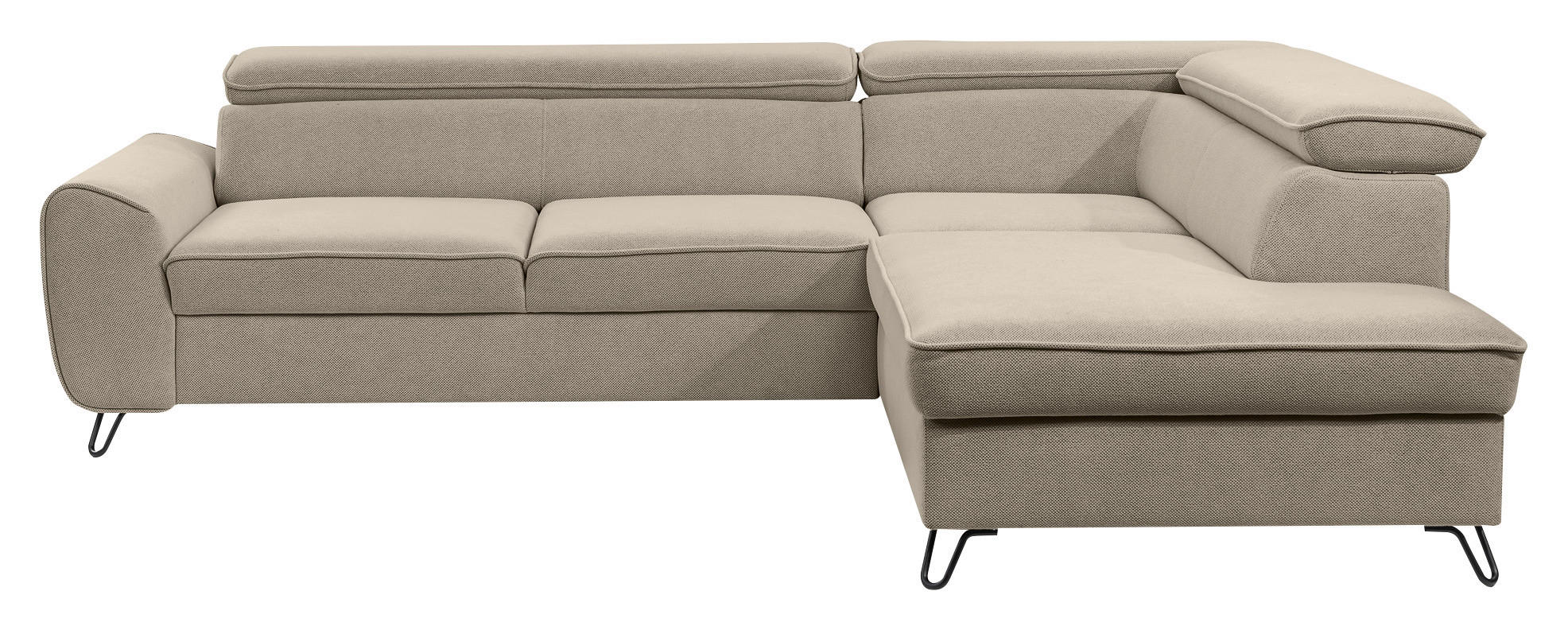 ECKSOFA inkl. Funktion Beige Flachgewebe  inkl. Bettkasten, Schlaffunktion, Rücken echt, Kopfstütze  - Beige/Schwarz, Design, Textil/Metall (250/200cm) - Stylife