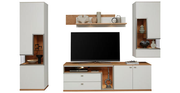 WOHNWAND  in Weiß, Eichefarben  290/218,3/52 cm  - Edelstahlfarben/Eichefarben, Design, Glas/Holz (290/218,3/52cm) - Dieter Knoll