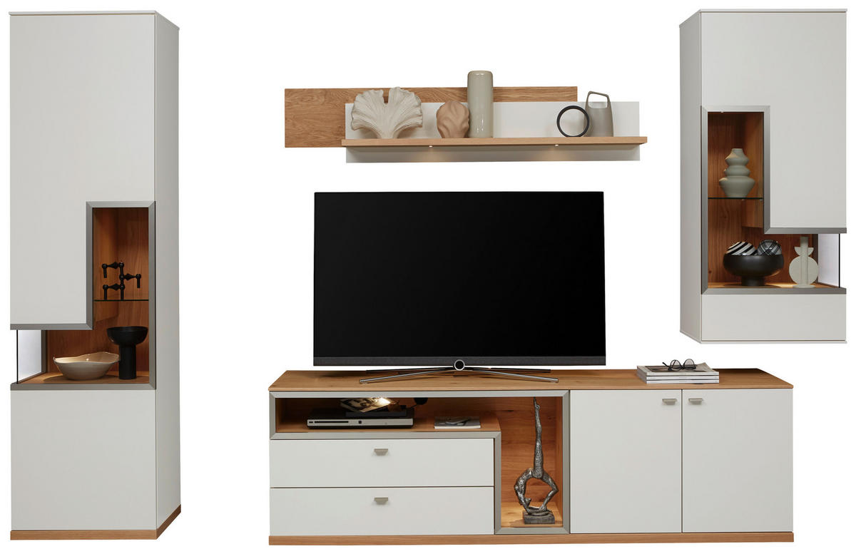 WOHNWAND  in Weiß, Eichefarben  290/218,3/52 cm  - Edelstahlfarben/Eichefarben, Design, Glas/Holz (290/218,3/52cm) - Dieter Knoll