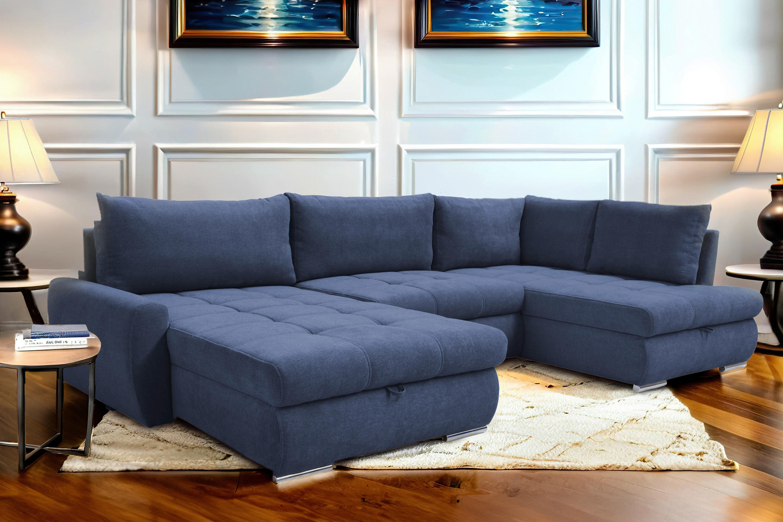 ECKSOFA Dunkelblau Velours  - Chromfarben/Dunkelblau, Design, Kunststoff/Textil (174/322/173cm) - Livetastic