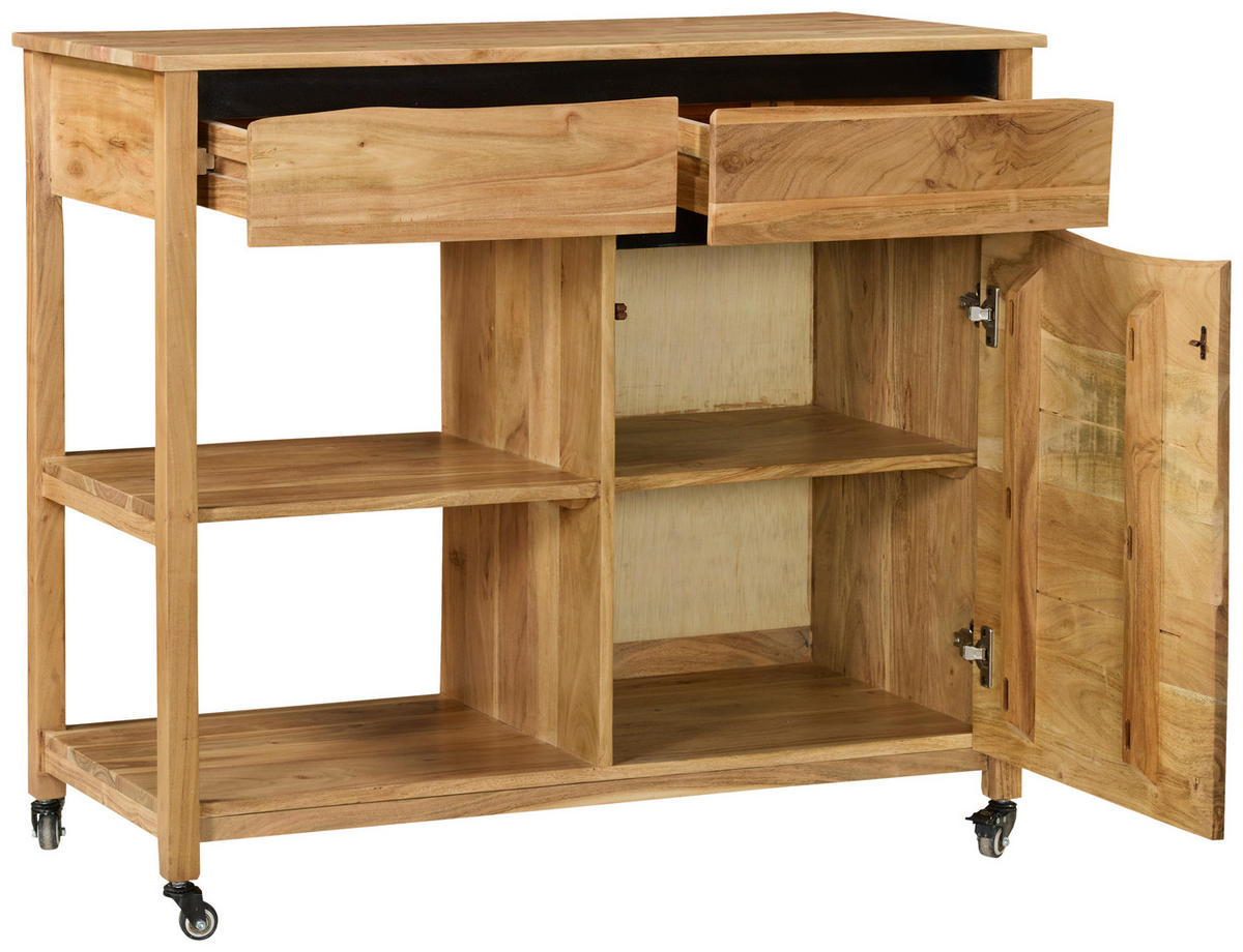 SERVIERWAGEN Akazie vollmassiv Schwarz, Akaziefarben  - Schwarz/Akaziefarben, Natur, Holz/Kunststoff (100/90/48cm) - Livetastic