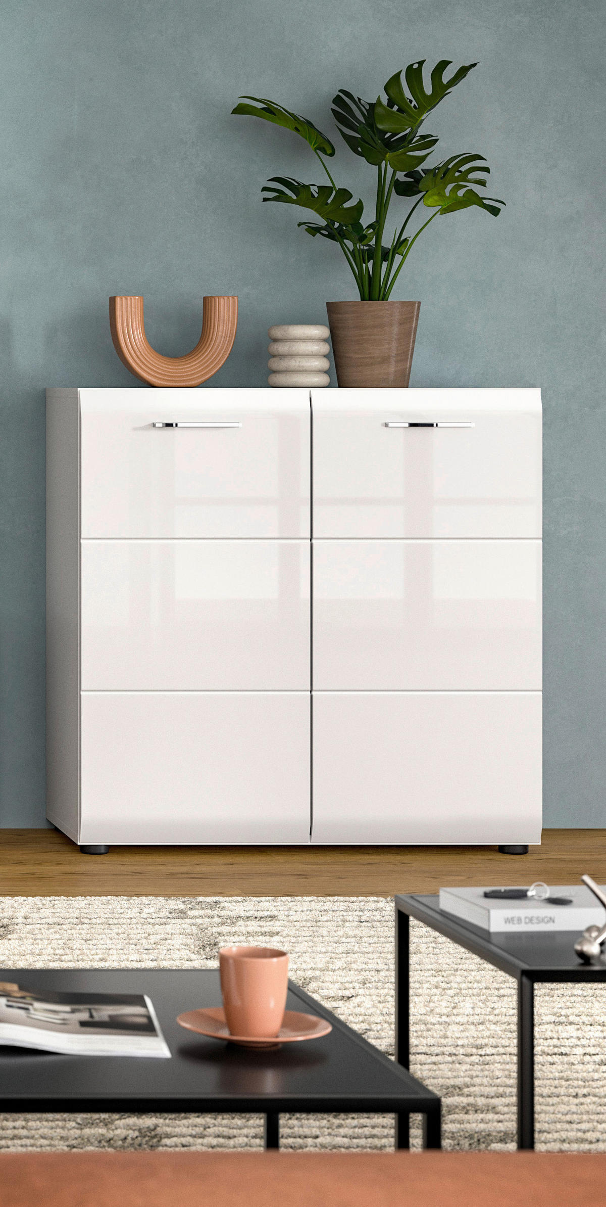 KOMMODE , 80/81/34 cm,  - Weiß Hochglanz/Silberfarben, Design, Holzwerkstoff/Kunststoff (80/81/34cm) - Livetastic