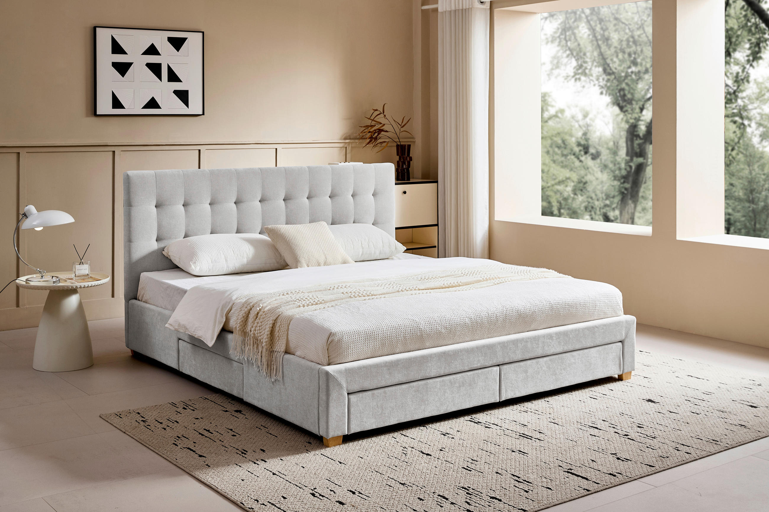 POLSTERBETT 140/200 cm, inkl. gepolstertes Kopfteil, Lattenrost, Bettschubladen,  in Hellgrau  - Hellgrau/Naturfarben, Design, Holz/Textil (140/200cm) - Boxxx