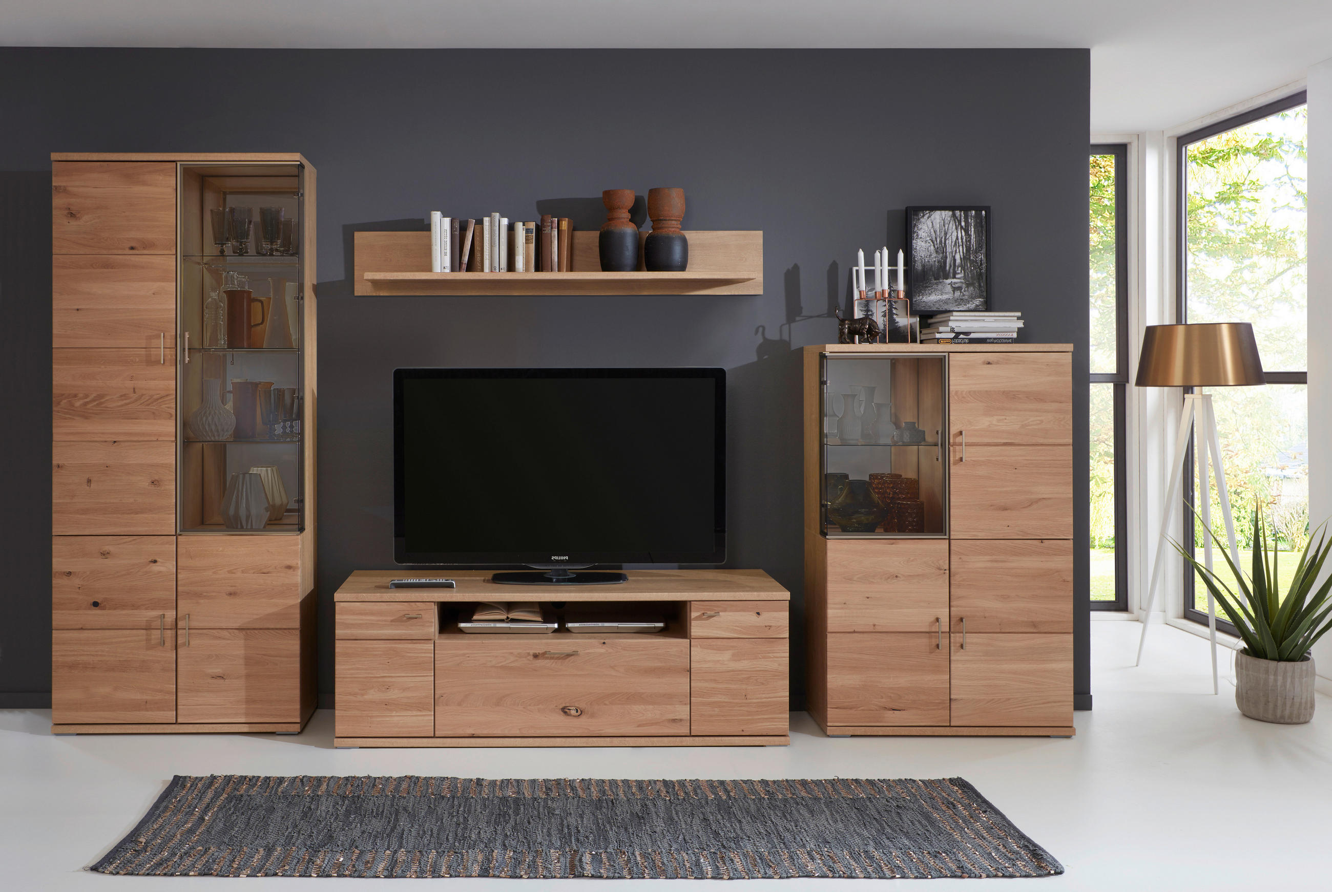 WOHNWAND  in Alteiche 364,1/211,6/55,5 cm  - Alteiche/Grau, Modern, Glas/Holz (364,1/211,6/55,5cm) - Linea Natura