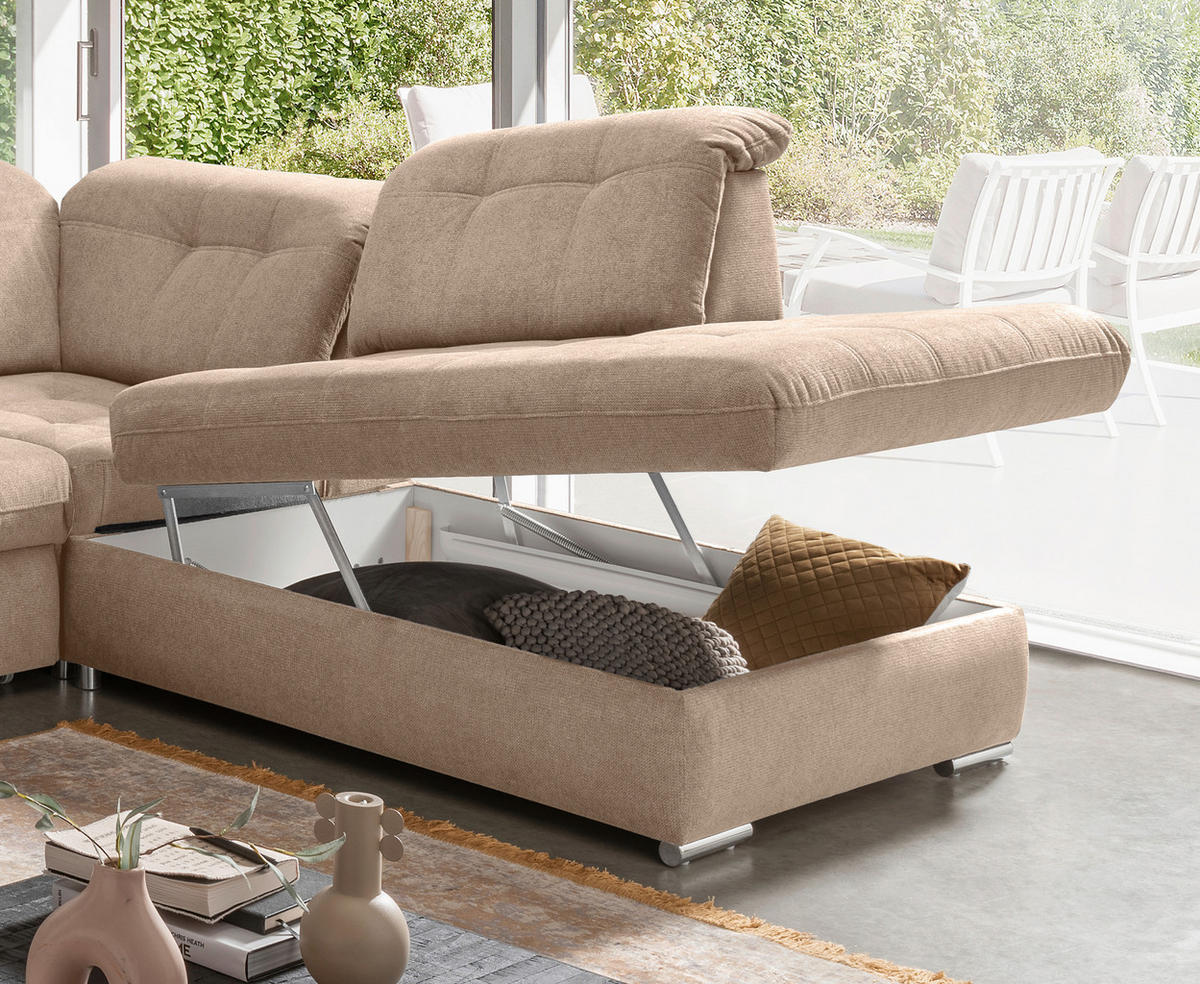 ECKSOFA Flachgewebe Hellbraun  - Chromfarben/Hellbraun, Modern, Textil/Metall (308/254cm) - Livetastic