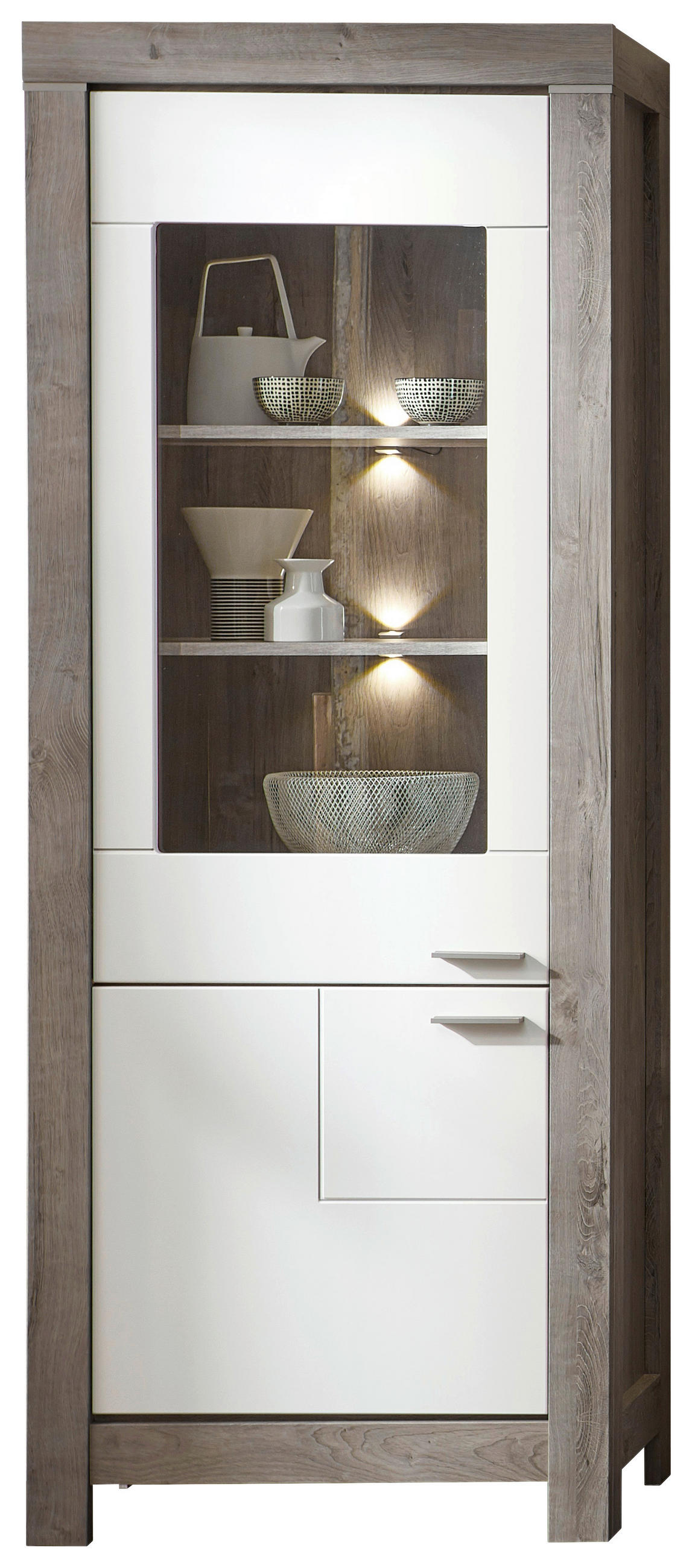 VITRINE Weiß, Eichefarben - Eichefarben/Silberfarben, LIFESTYLE, Glas/Holzwerkstoff (76/200/42cm) - Landscape