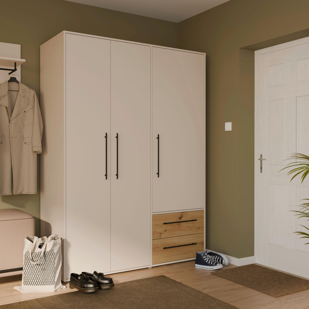 KLEIDERSCHRANK 144/200/59 cm,  in Sandfarben, Eiche Artisan, 3 Tür(en)  - Sandfarben/Schwarz, KONVENTIONELL, Holzwerkstoff/Kunststoff (144/200/59cm) - Milino