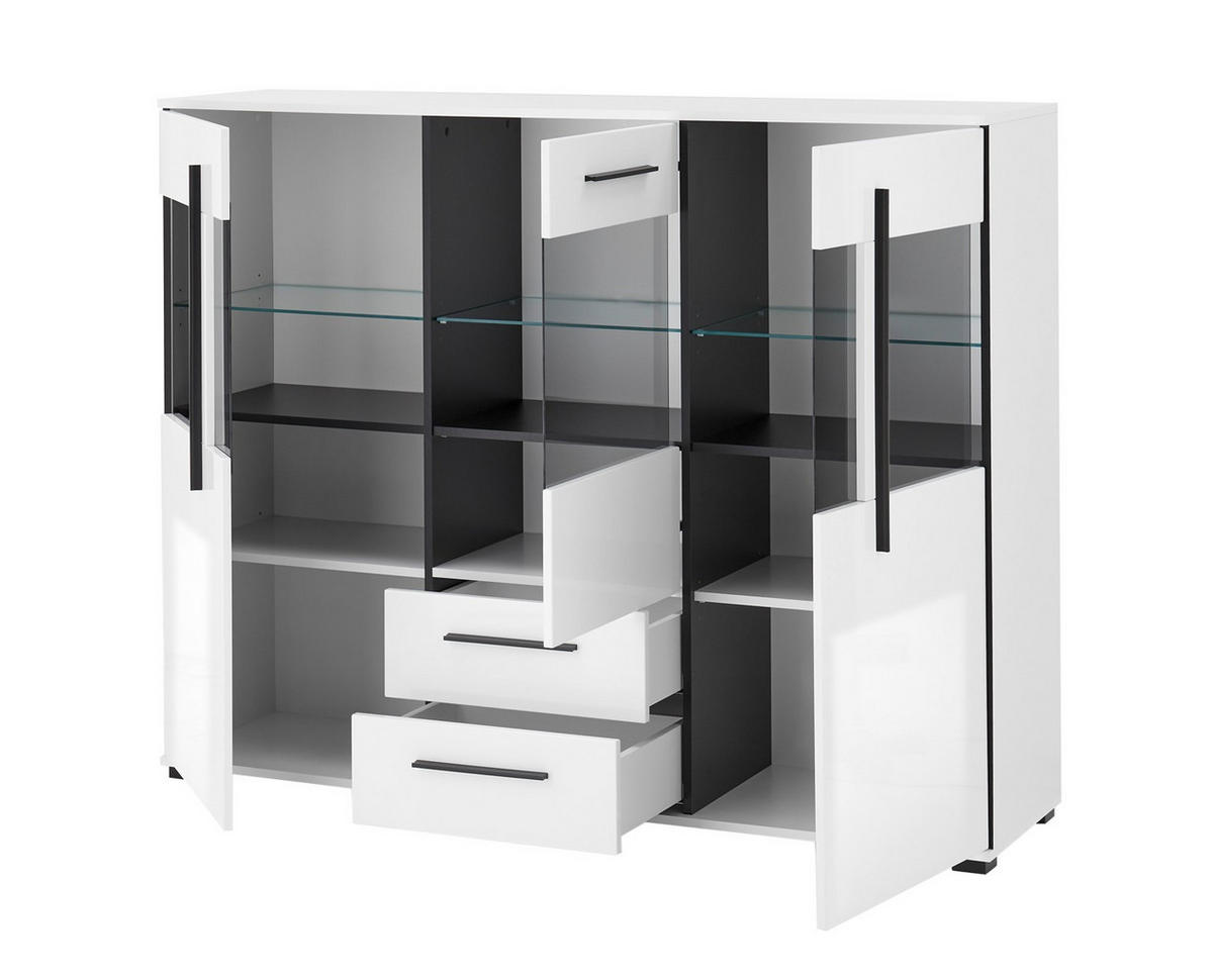 HIGHBOARD  160/126/42 cm 2 Schublade(n)  - Eichefarben/Weiß Hochglanz, Design, Glas/Holzwerkstoff (160/126/42cm) - Livetastic