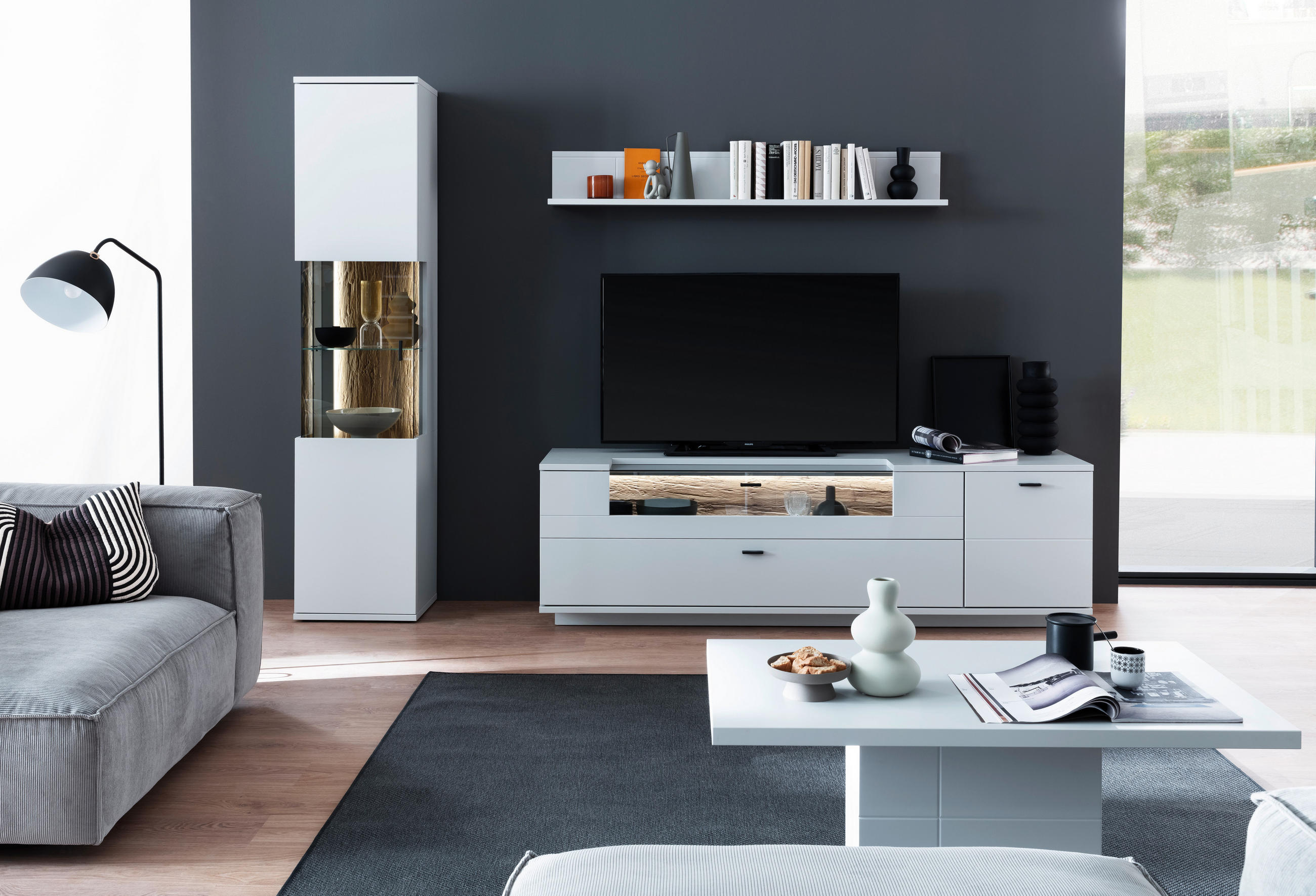 WOHNWAND  in Weiß, Eichefarben  250/199/50 cm  - Eichefarben/Anthrazit, Design, Glas/Holzwerkstoff (250/199/50cm) - Stylife