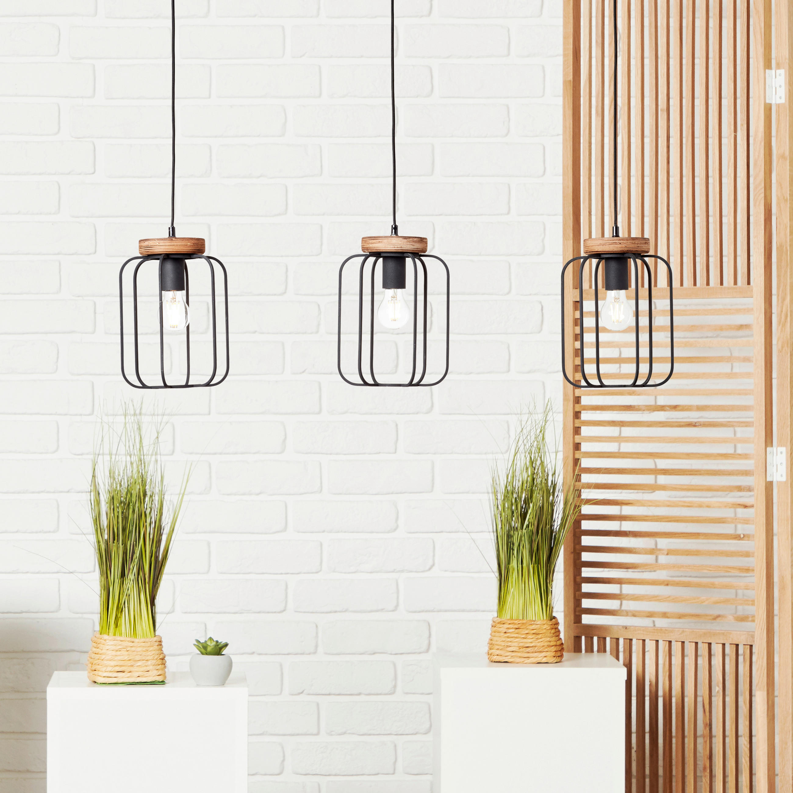 HÄNGELEUCHTE 100/20/130 cm    - Schwarz/Braun, Lifestyle, Holz/Metall (100/20/130cm) - Brilliant