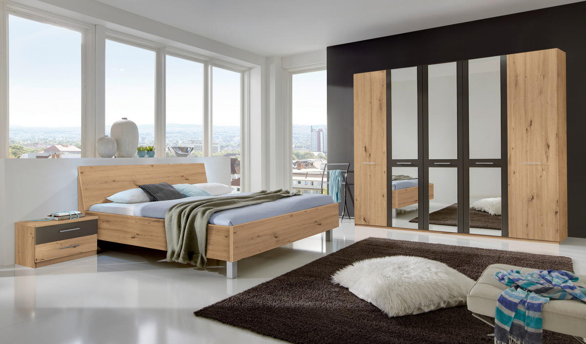 SCHLAFZIMMER 180/200 cm  in Eichefarben, Dunkelgrau  - Eichefarben/Dunkelgrau, KONVENTIONELL, Glas/Holzwerkstoff (180/200cm) - Xora