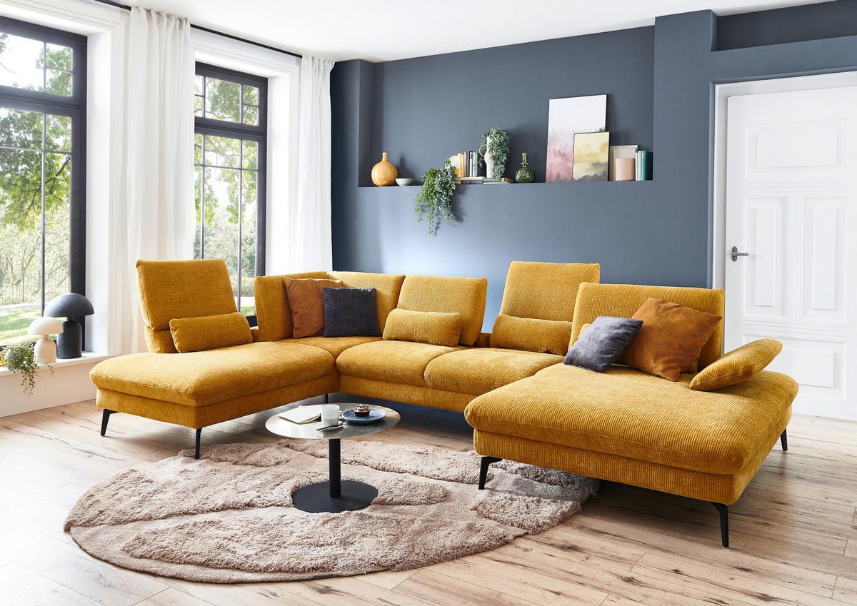 WOHNLANDSCHAFT in Webstoff Currygelb  - Currygelb/Schwarz, Design, Textil/Metall (208/354/157cm) - Dieter Knoll