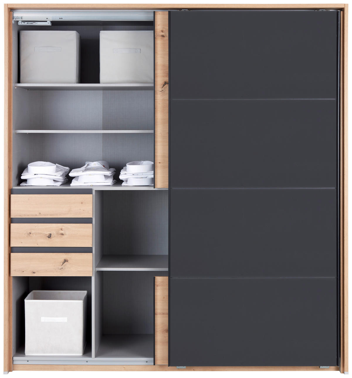 SCHWEBETÜRENSCHRANK in Grau, Eiche Artisan  - Schwarz/Eiche Artisan, Konventionell, Glas/Holzwerkstoff (180/198/65cm) - MID.YOU