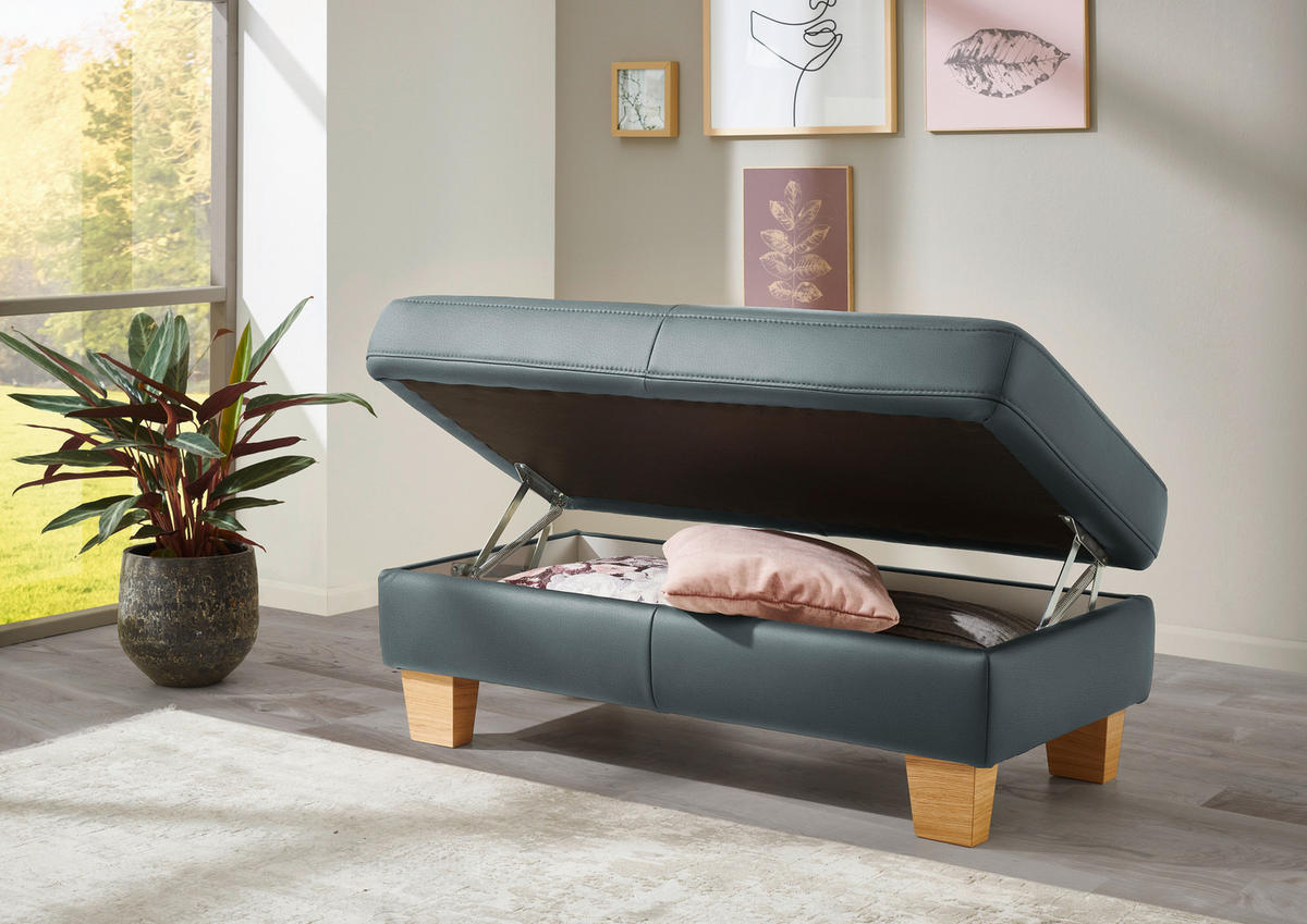 ECKSOFA in Echtleder Blaugrau  - Eiche Bianco/Blaugrau, Konventionell, Leder/Holz (235/257cm) - Valdera