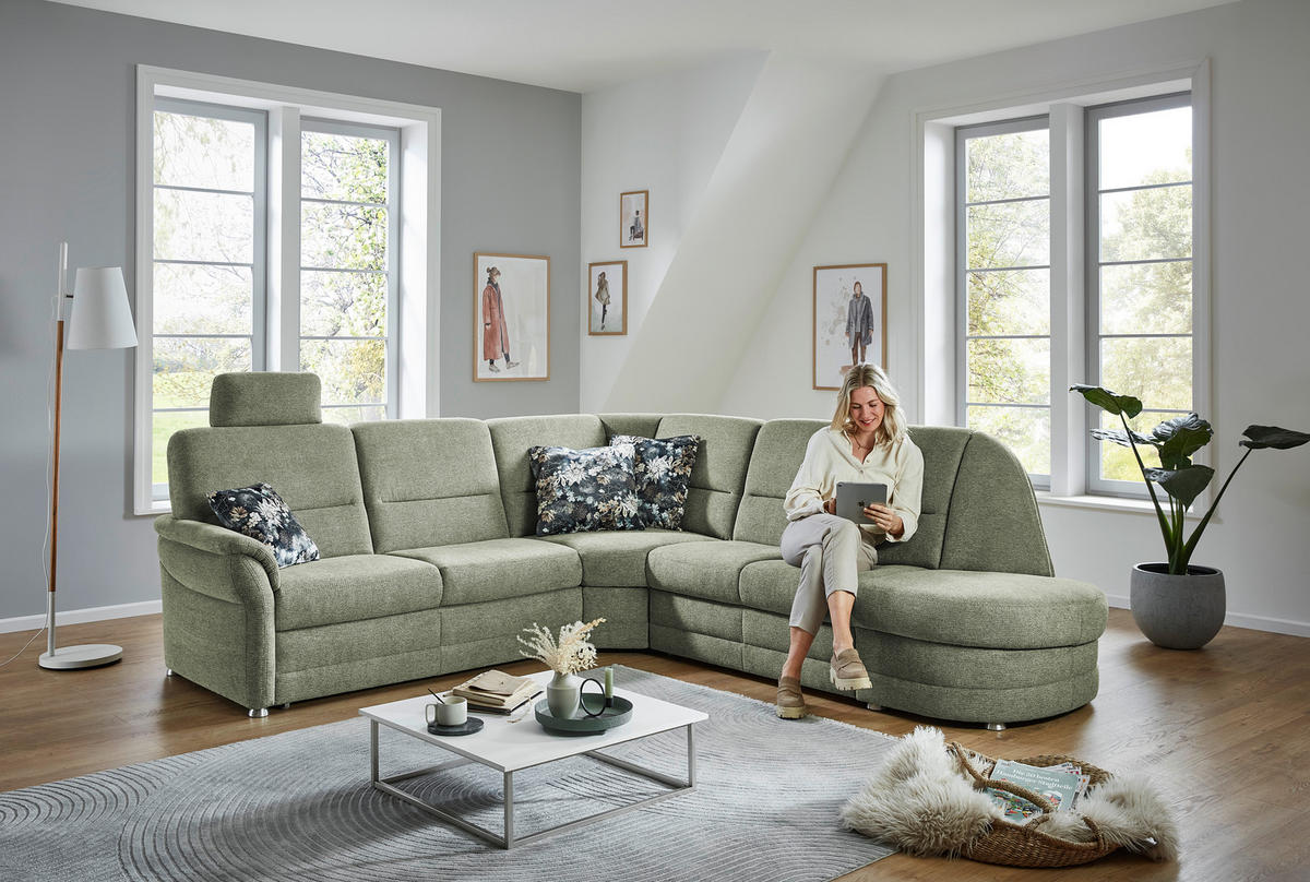 ECKSOFA  in Makramee Grün  - Alufarben/Grün, KONVENTIONELL, Textil/Metall (253/273cm) - Beldomo Comfort