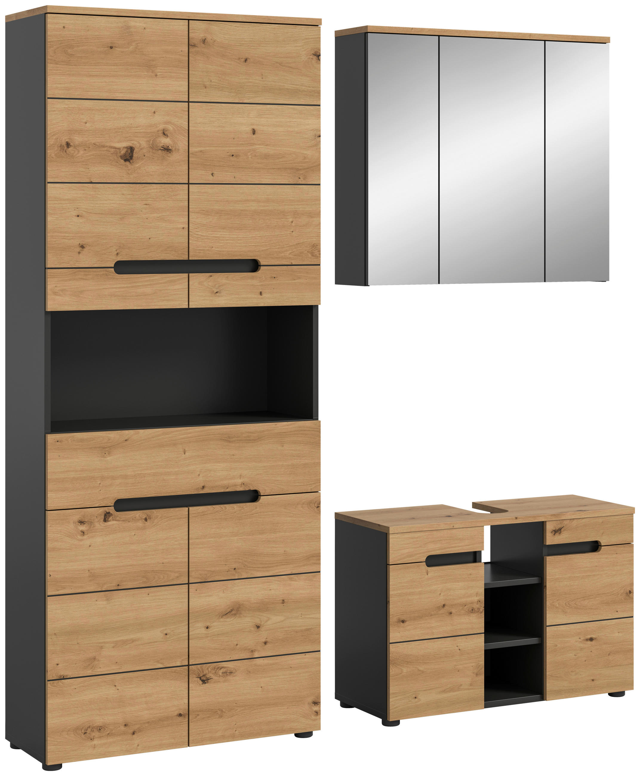 Thumbnail - Mid.you Badezimmer, Eiche Artisan, Glas, Holzwerkstoff, 3-teilig, 12 Fächer, 1 Schublade(n) Schubladen, 156 cm, FSC Mix,...