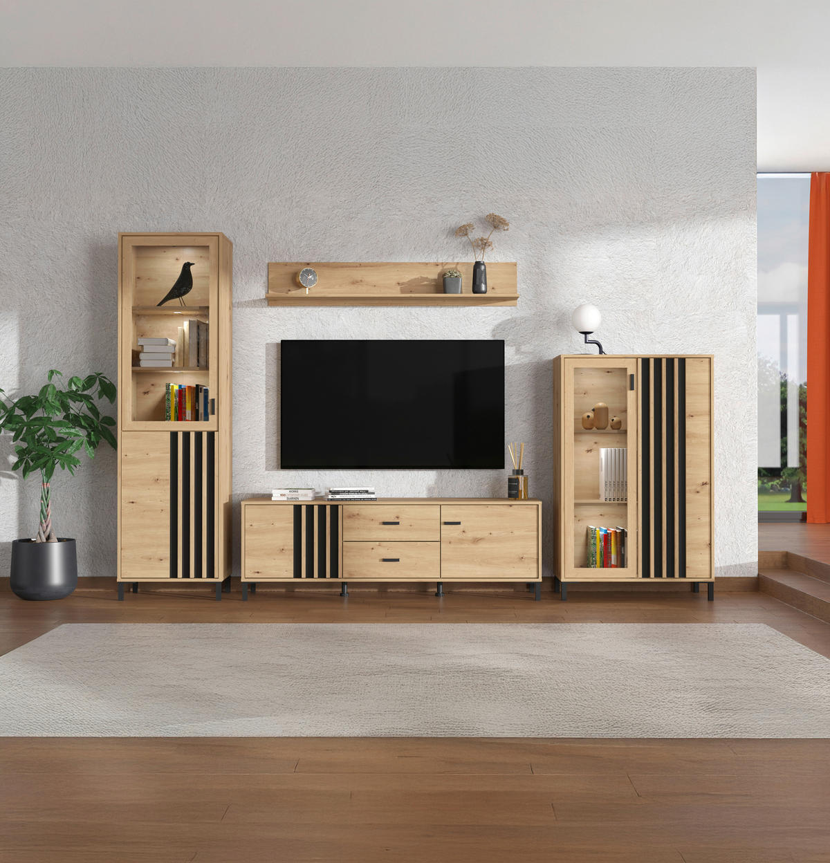 KOMODA POD TELEVIZI, černá, dub artisan, 157/52/40 cm - černá/dub artisan, Basics, kompozitní dřevo/plast (157/52/40cm) - Hom`in