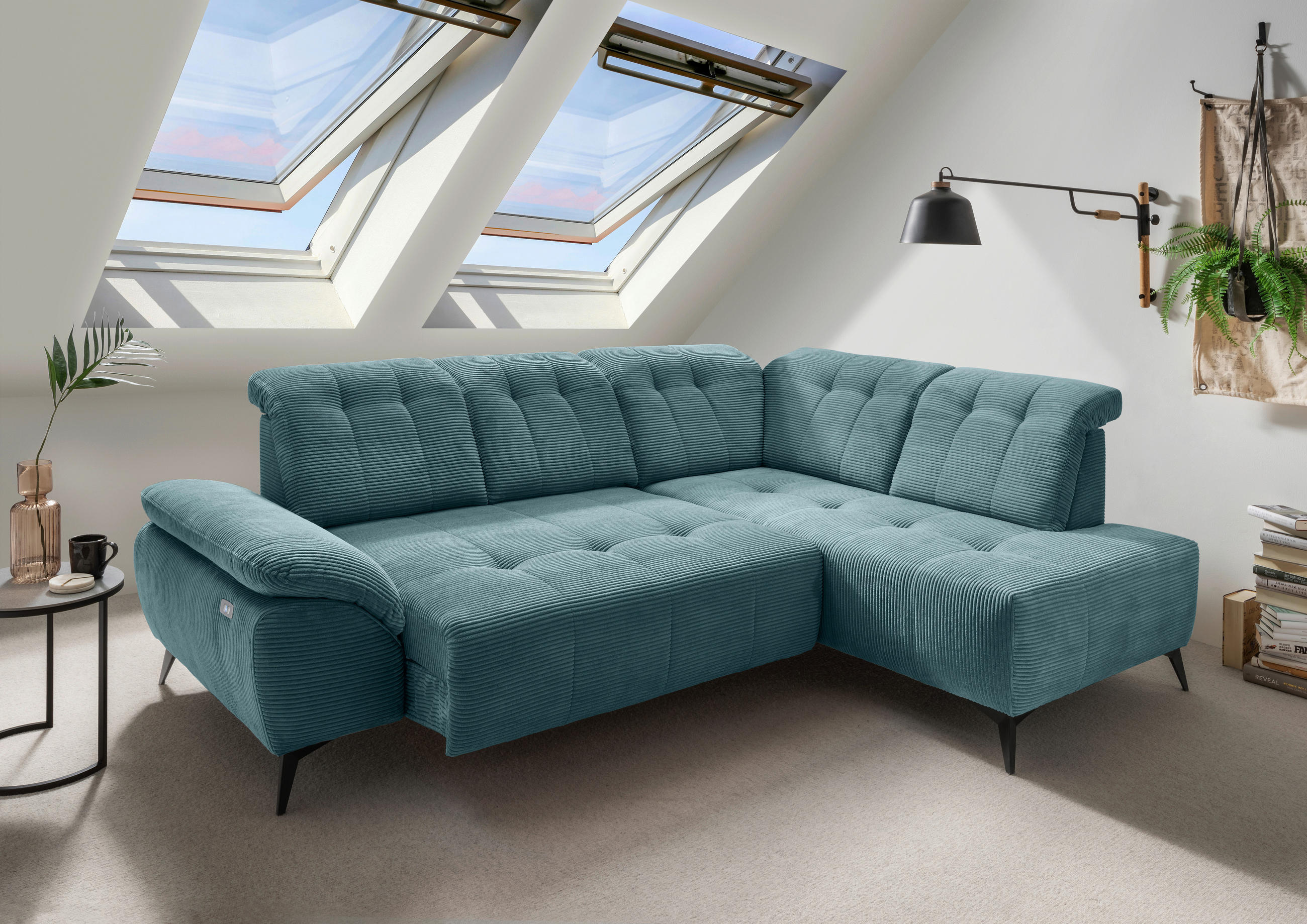 ECKSOFA in Cord Petrol  - Petrol/Schwarz, Modern, Textil/Metall (272/200cm) - Livetastic