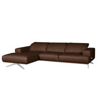 ECKSOFA Dunkelbraun Echtleder Rücken echt, Kopfteilverstellung  - Chromfarben/Dunkelbraun, Design, Leder/Metall (187/295cm) - Livetastic