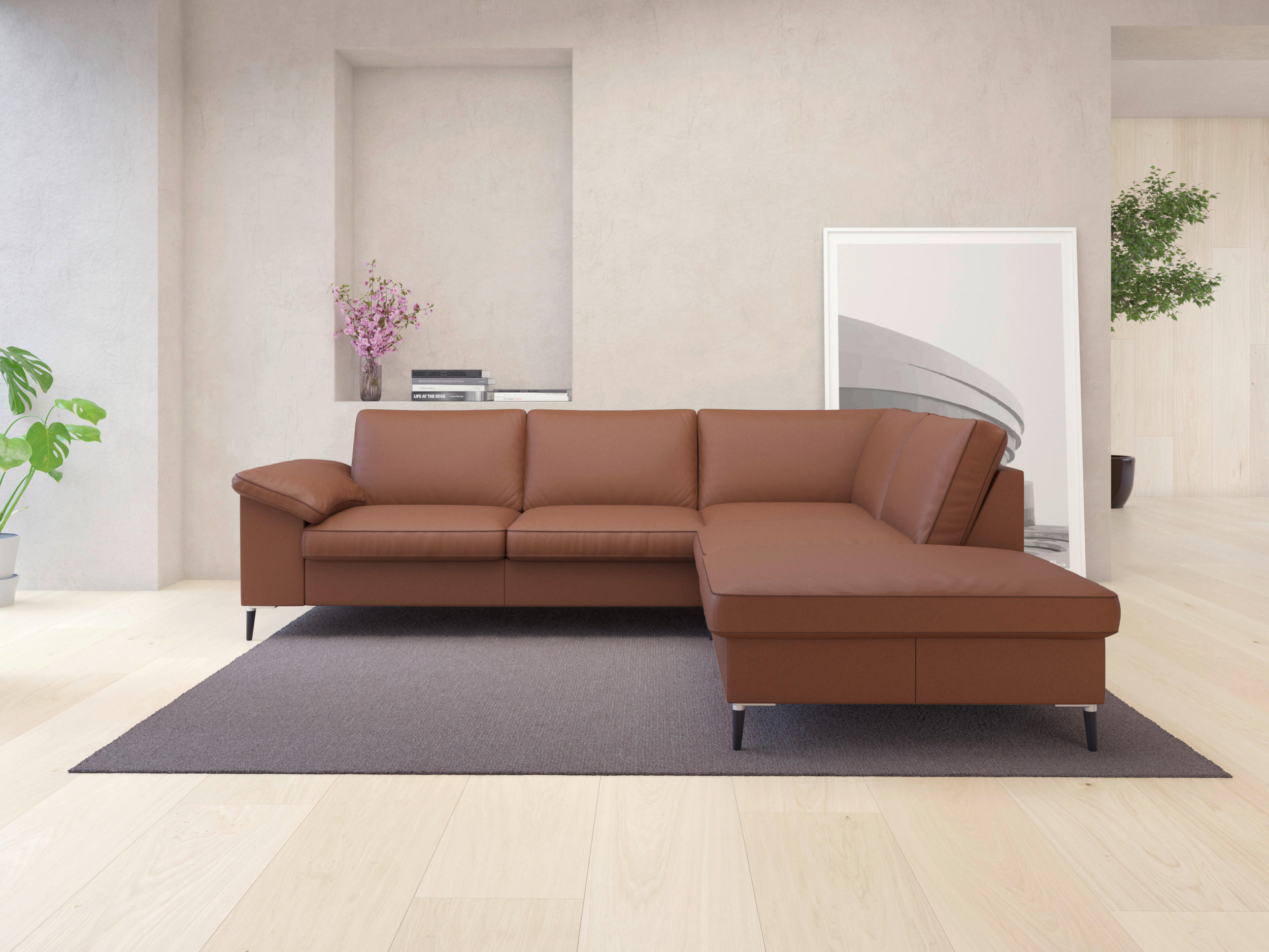 ECKSOFA Kastanienfarben Echtleder  - Kastanienfarben/Schwarz, Design, Leder/Metall (247/225cm) - Livetastic