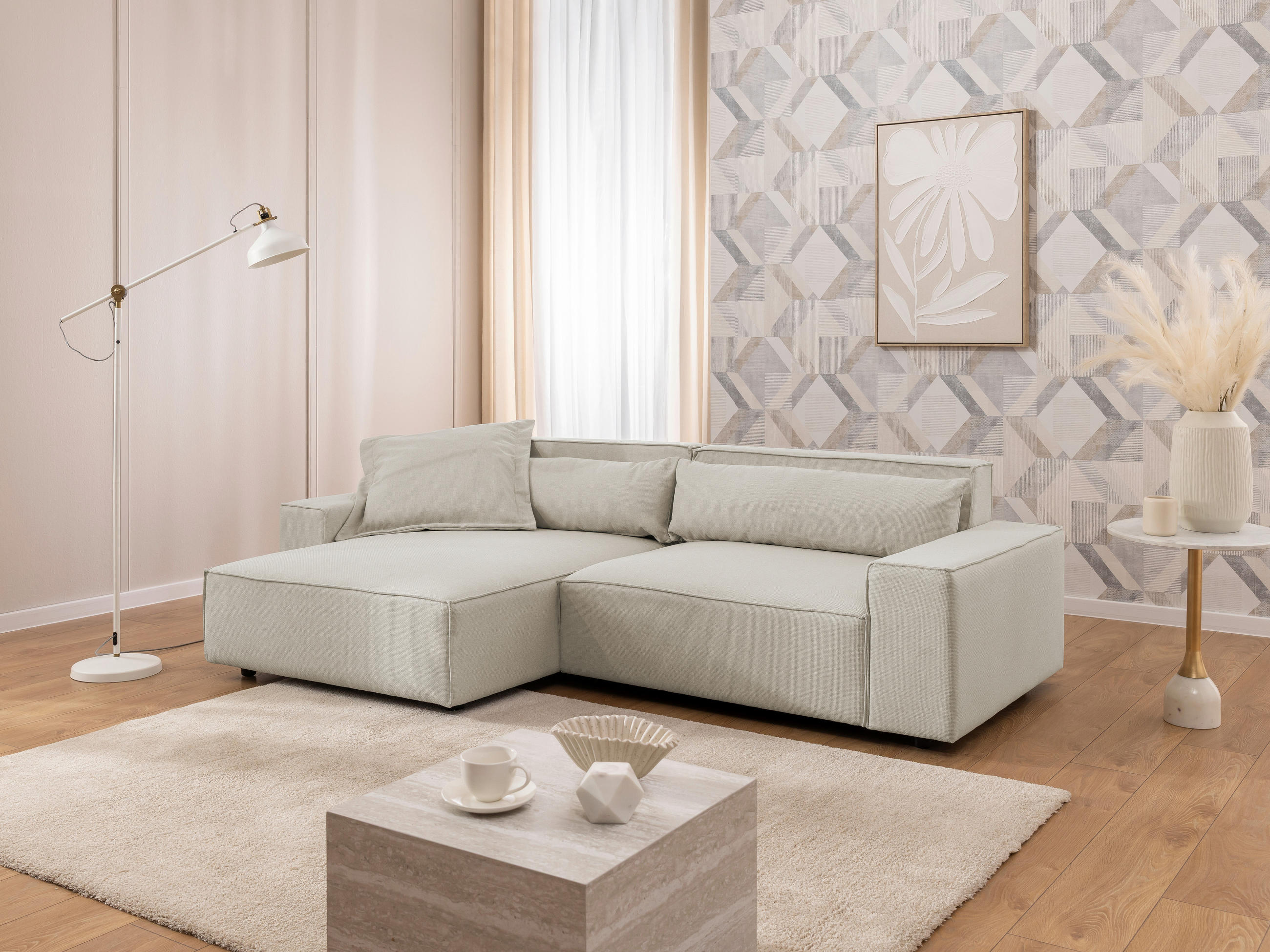 ECKSOFA Curduroy in Webstoff Ecru Rückenkissen  251/142 cm  - Ecru/Schwarz, Design, Kunststoff/Textil (251/142cm) - P & B