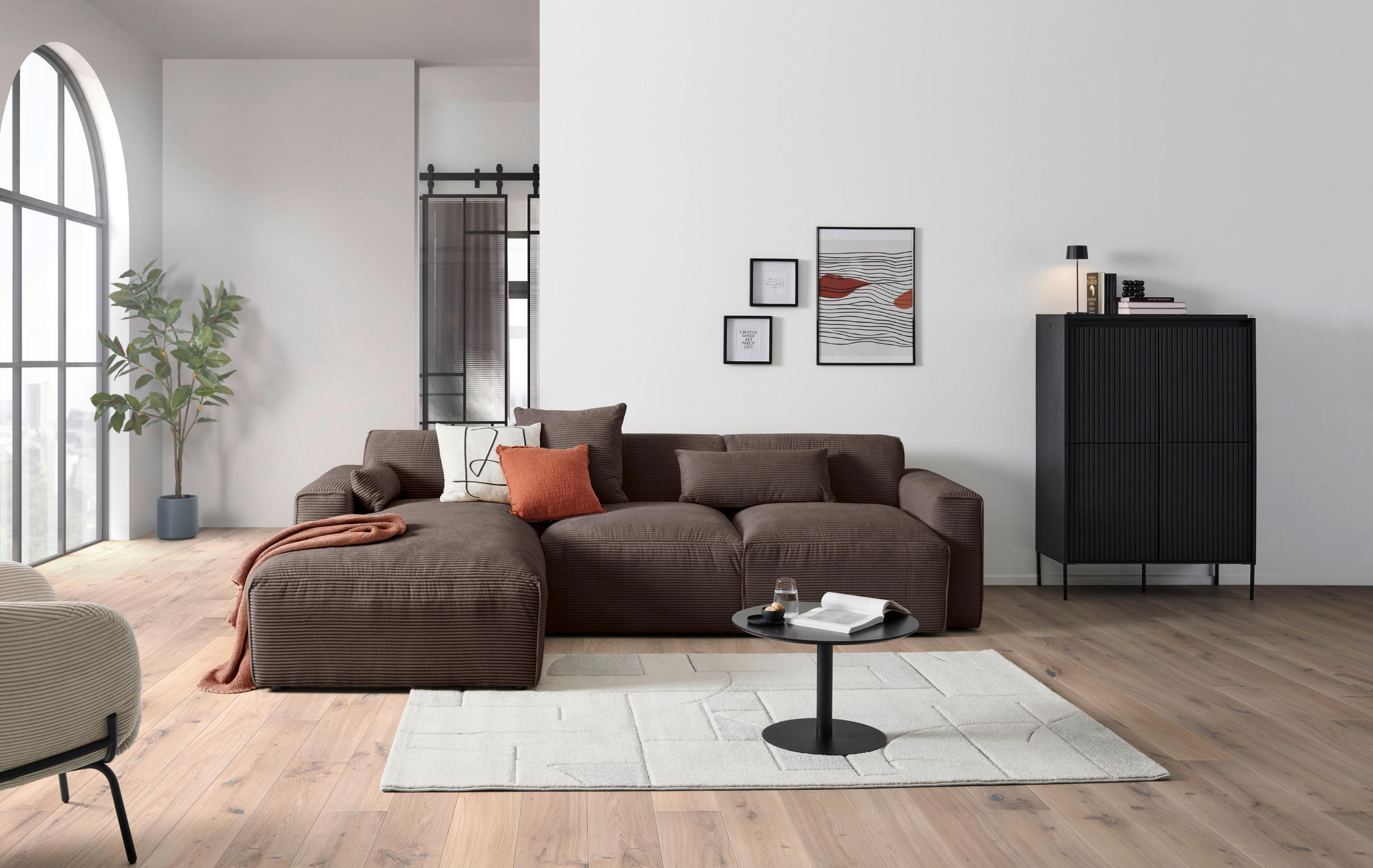 ECKSOFA in Cord Mokka  - Schwarz/Mokka, Design, Kunststoff/Textil (196/303cm) - Livetastic