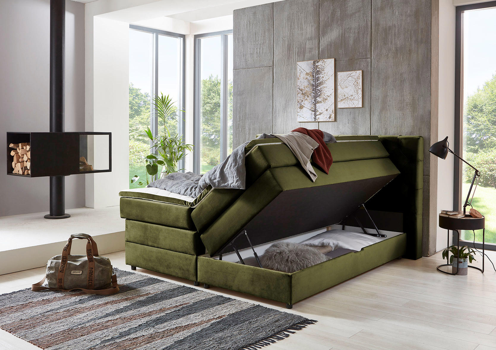 BOXSPRING KREVET     - zelena/crna, Moderno, tekstil/plastika (180/200cm)