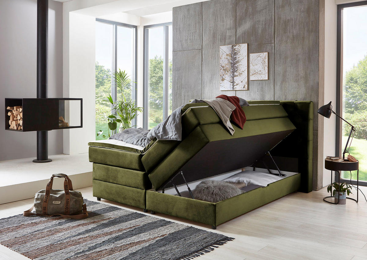 BOXSPRING KREVET     - zelena/crna, Moderno, tekstil/plastika (160/200cm)