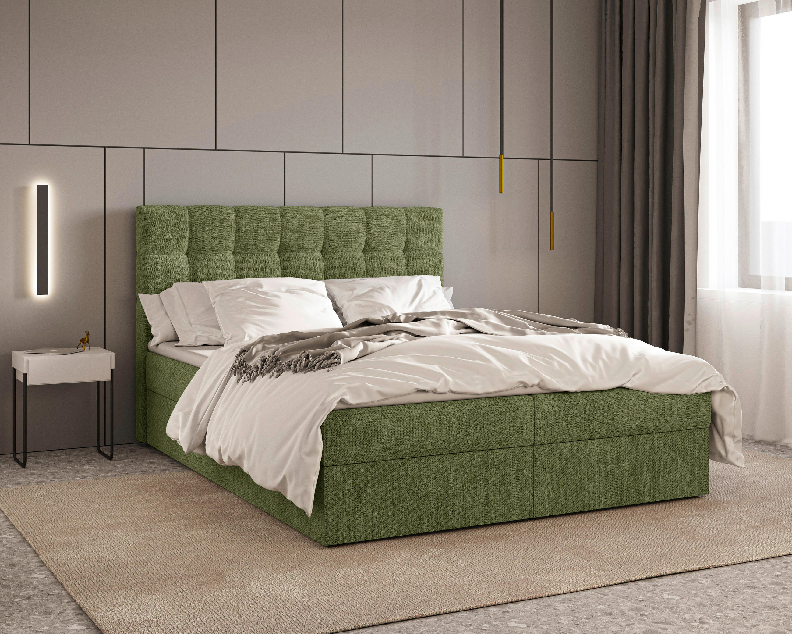 BOXBETT 160/200 cm,  in Dunkelgrün, Bettkasten, Topper, H2 + H3 = mittel + fest  - Dunkelgrün/Schwarz, MODERN, Holz/Kunststoff (160/200cm) - Livetastic