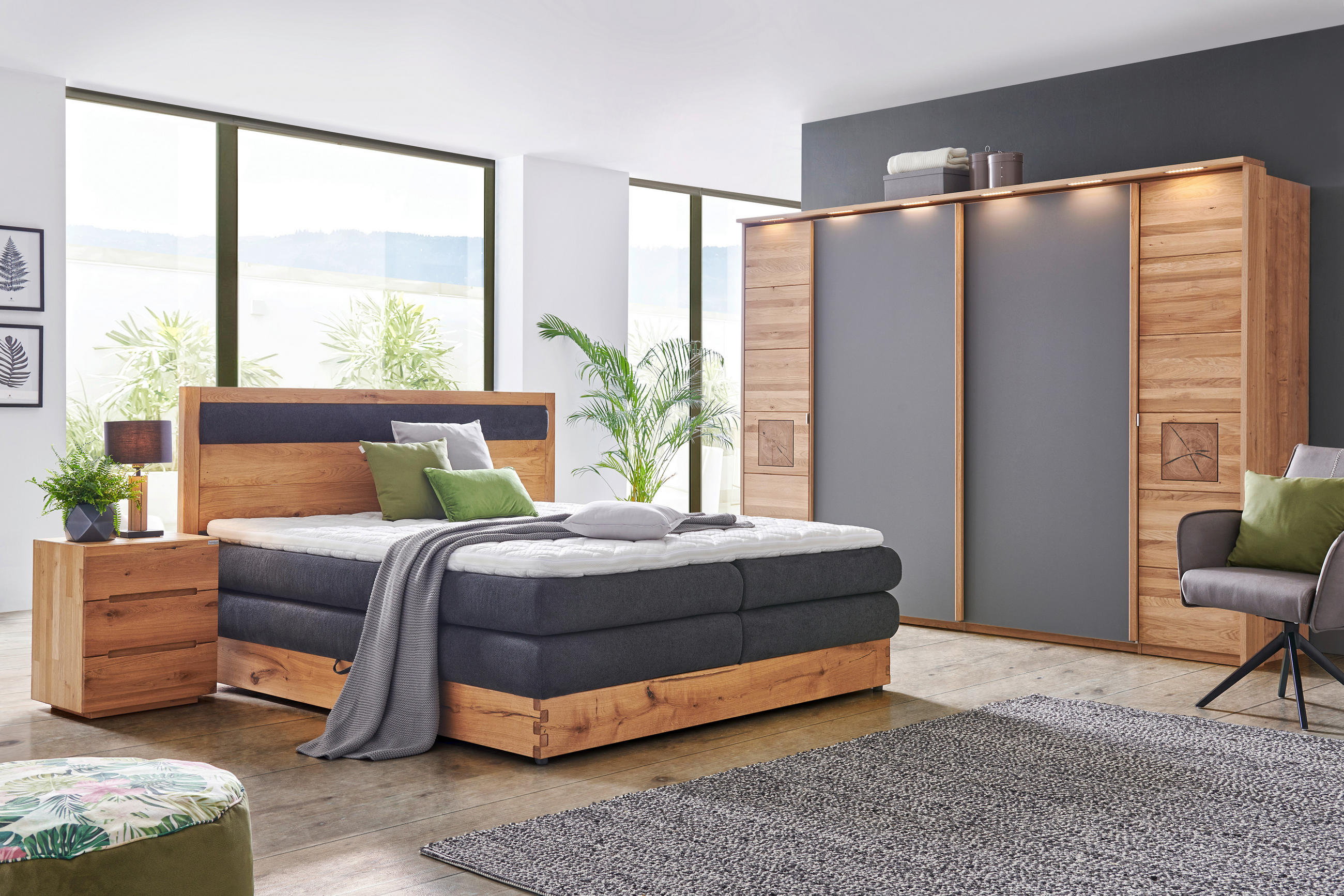 SCHWEBETÜRENSCHRANK in Taupe, Eichefarben  - Taupe/Eichefarben, Natur, Glas/Holz (246/215/74cm) - Linea Natura