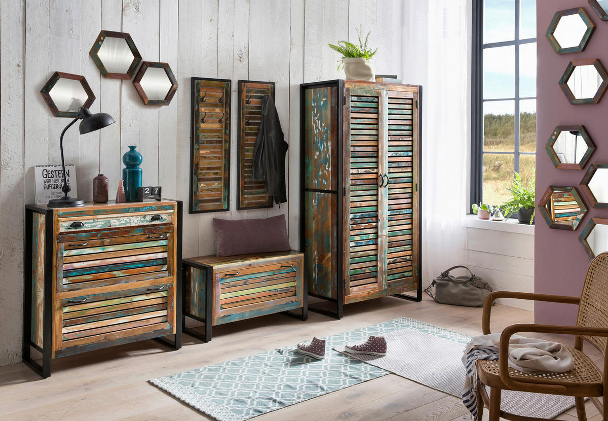 SCHUHSCHRANK Altholz massiv Multicolor, Schwarz  - Multicolor/Schwarz, Design, Holz/Metall (85/96/35cm) - MID.YOU