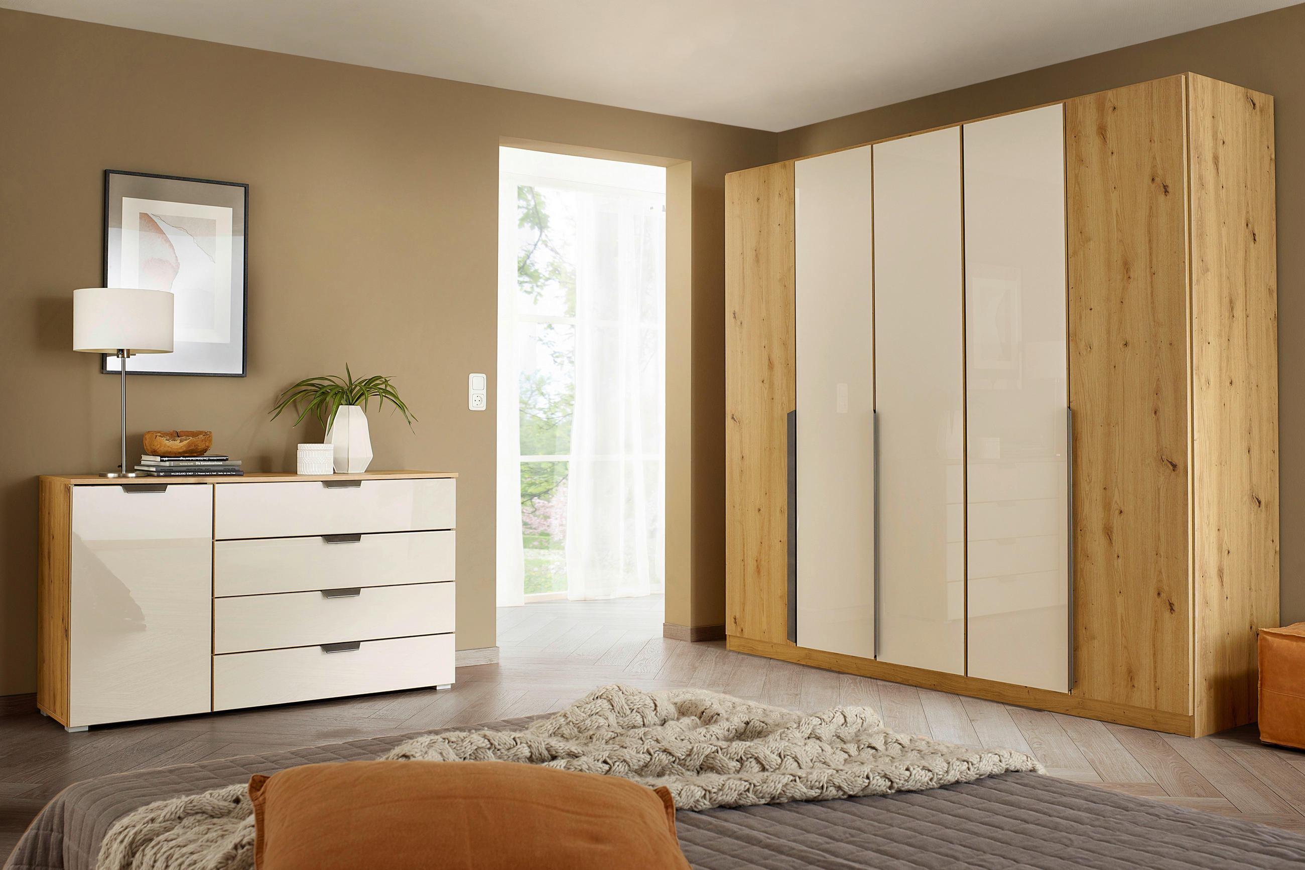 DREHTÜRENSCHRANK in Eiche Artisan, Champagner  - Champagner/Eiche Artisan, Modern, Glas/Holzwerkstoff (225/210/54cm) - Rauch Möbel