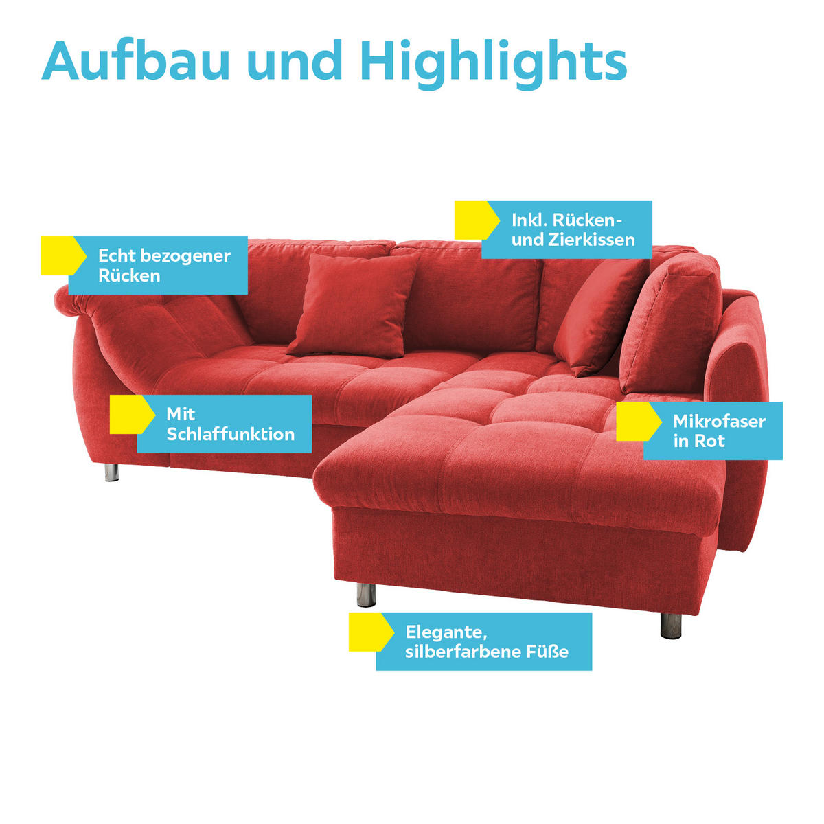 ECKSOFA Rot Mikrofaser  - Chromfarben/Rot, Design, Kunststoff/Textil (250/190cm) - Livetastic