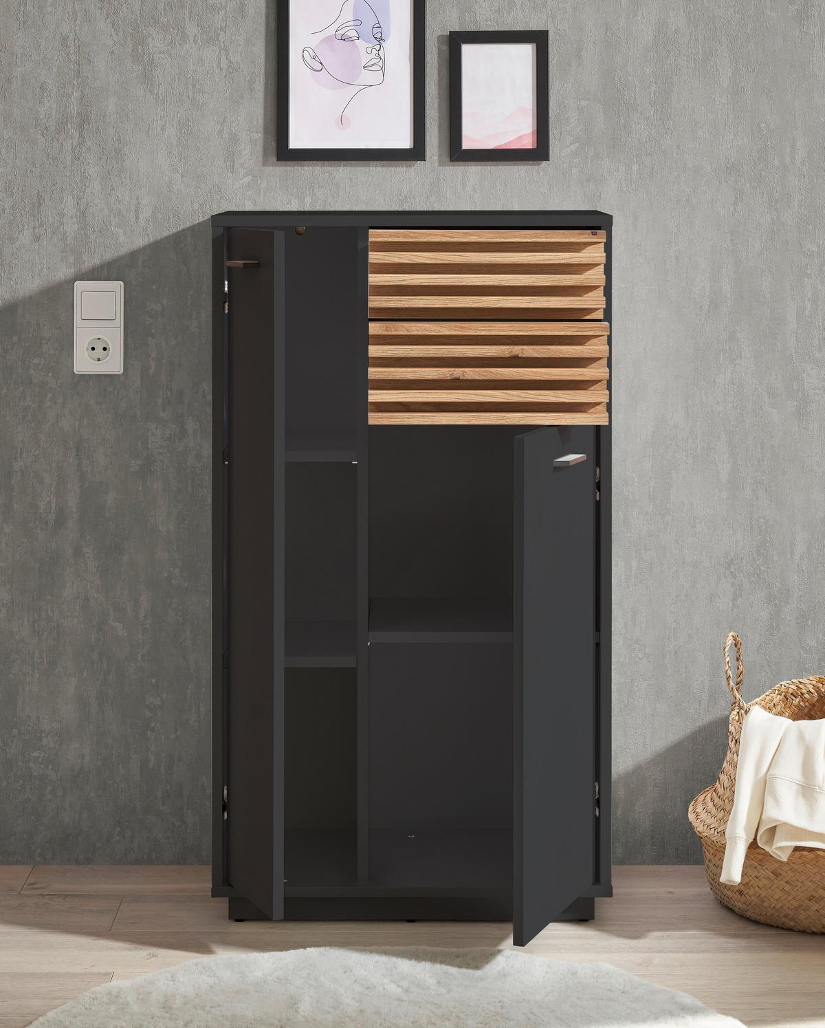 MIDISCHRANK 60/106/35 cm  - Eichefarben/Anthrazit, KONVENTIONELL, Holzwerkstoff/Kunststoff (60/106/35cm) - home24