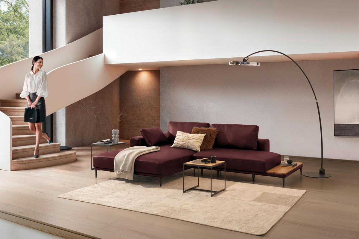 ECKSOFA Echtleder Bordeaux  - Bordeaux/Schwarz, Design, Leder/Metall (201/304cm) - Belluti