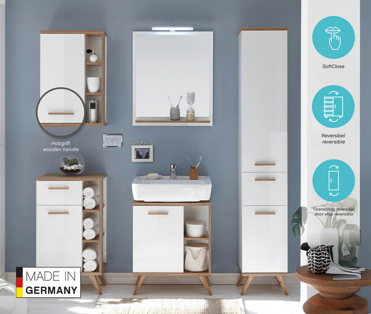 HOCHSCHRANK 35,5/205/33,0 cm  - Eichefarben/Weiß, KONVENTIONELL, Glas/Holzwerkstoff (35,5/205/33,0cm) - Xora