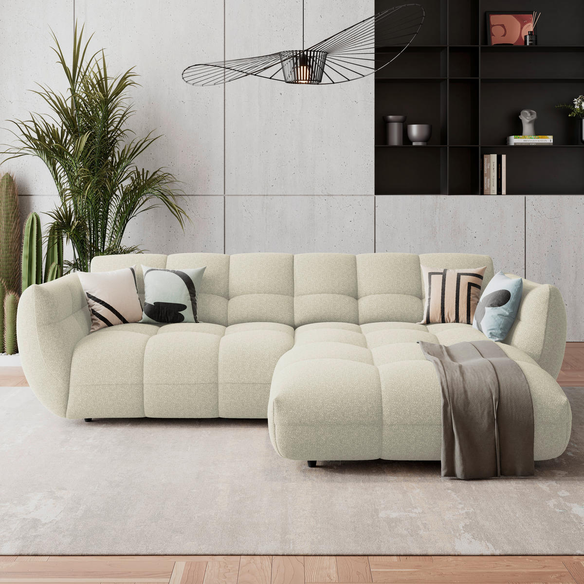 ECKSOFA Chenille Elfenbein  - Elfenbein/Schwarz, Trend, Kunststoff/Textil (280/178cm) - MID.YOU